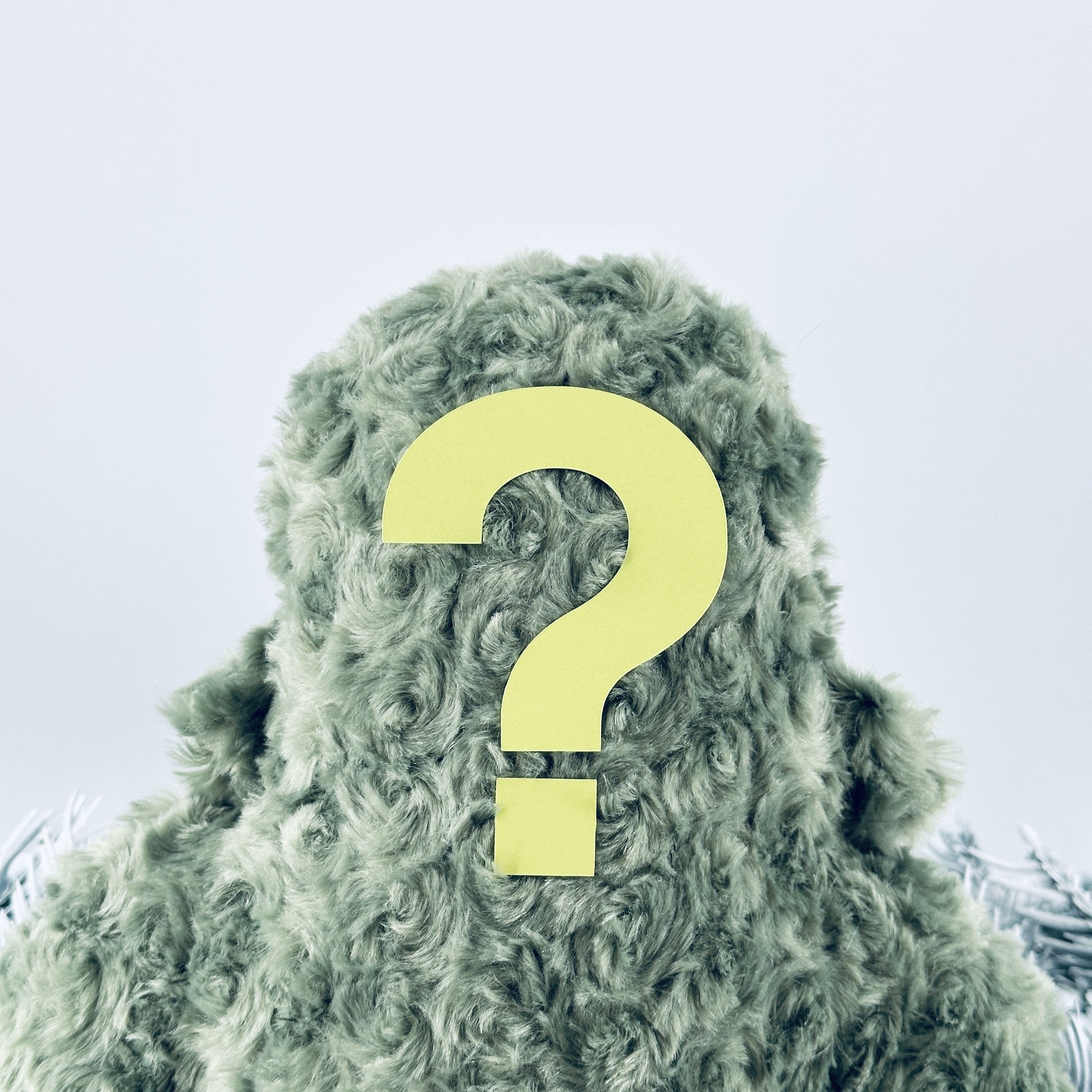 A fluffy green furry creature, possibly the Custom Woolly Yeti, is shown from the back with a large yellow question mark atop its head. The plain, light-colored background perfectly highlights this unique sage fur edition.