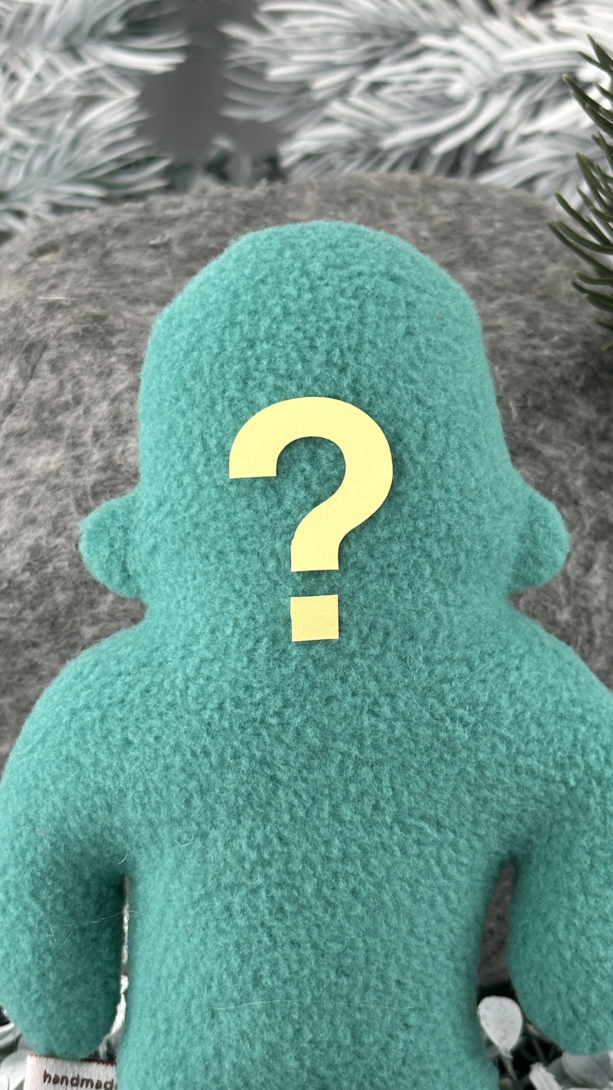 A small teal fleece figure with a question mark instead of a face stands in front of a textured grey background.