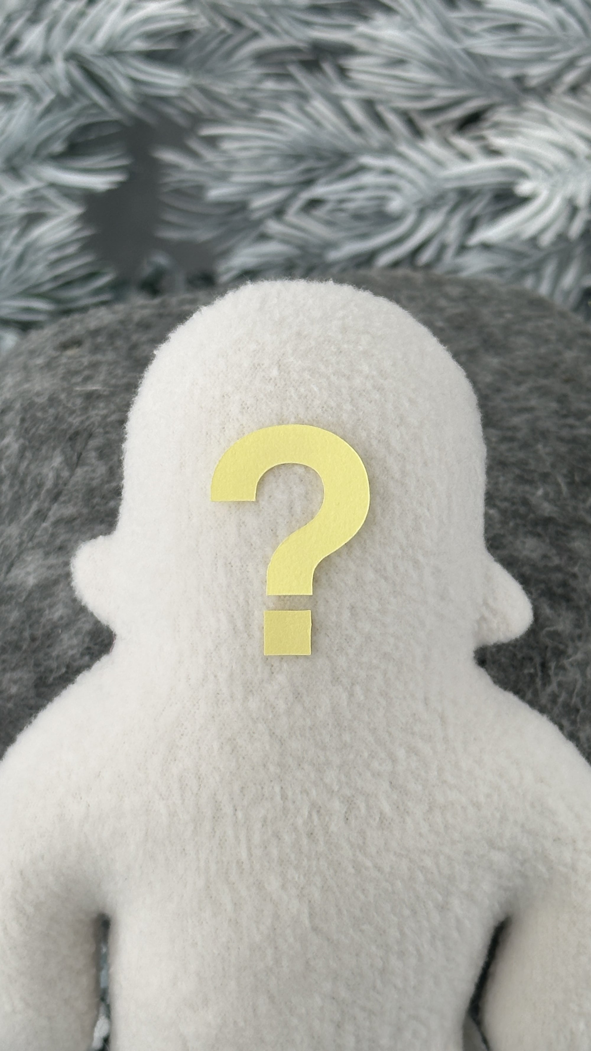 A white fleece figure with a question mark where its face should be sits in front of textures white background.